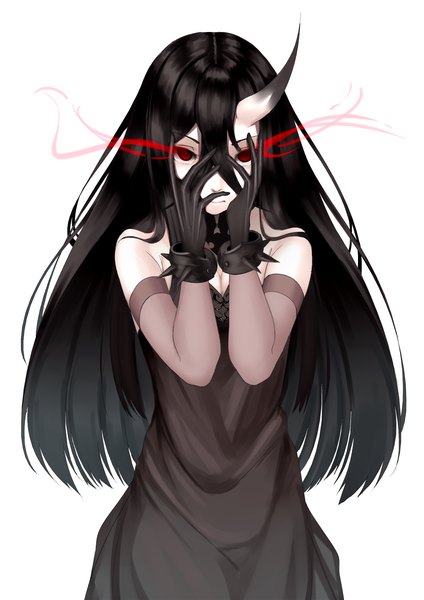 Anime picture 848x1200 with kantai collection battleship water oni ryu (leon esoragotonooto) ryu.l single long hair tall image looking at viewer fringe black hair simple background hair between eyes red eyes standing white background cleavage horn (horns) glowing glowing eye (eyes) covering