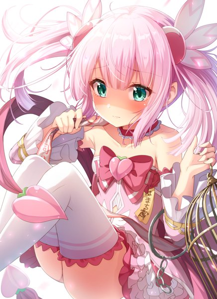 Anime picture 800x1099 with machikado mazoku j.c. staff chiyoda momo matokechi single long hair tall image fringe simple background white background twintails green eyes payot looking away pink hair shaded face magical girl girl thighhighs detached sleeves