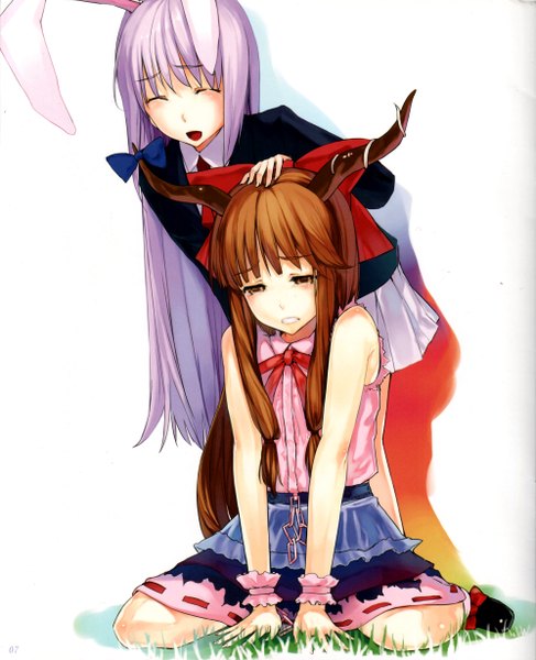 Anime picture 3991x4919 with touhou reisen udongein inaba ibuki suika ken-1 long hair tall image highres open mouth brown hair multiple girls brown eyes absurdres purple hair ponytail eyes closed very long hair horn (horns) scan teeth tears