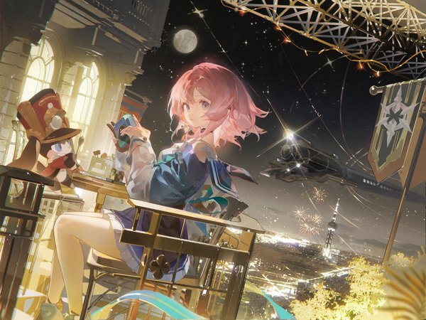 Anime picture 4800x3600 with honkai: star rail honkai (series) march 7th (honkai: star rail) pom-pom (honkai: star rail) claw (rjtd7274) single looking at viewer fringe highres short hair blue eyes hair between eyes sitting pink hair absurdres turning head fireworks girl ground vehicle camera