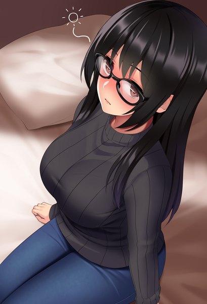 Anime picture 700x1028 with original huyumitsu single long hair tall image looking at viewer fringe breasts black hair large breasts sitting brown eyes payot long sleeves from above denim drunk girl glasses pillow