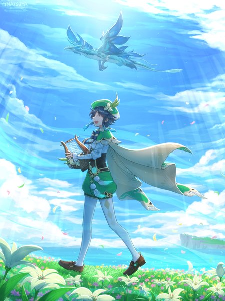 Anime picture 1350x1800 with genshin impact venti (genshin impact) dvalin (genshin impact) natsuya (kuttuki) single tall image short hair open mouth signed blue hair sky cloud (clouds) full body sunlight fantasy walking rhombus playing instrument boy flower (flowers)