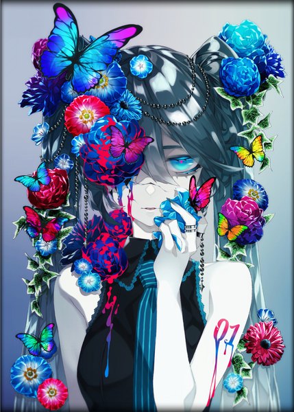 Anime picture 2591x3624 with vocaloid hatsune miku 1055 single long hair tall image looking at viewer fringe highres blue eyes simple background hair between eyes twintails upper body parted lips hair flower fingernails sleeveless gradient background long fingernails