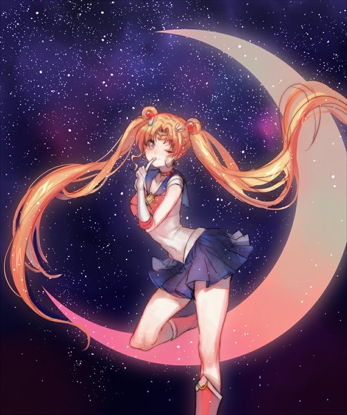 Anime picture 999x1194 with bishoujo senshi sailor moon toei animation tsukino usagi sailor moon zuizi single long hair tall image looking at viewer blush fringe blonde hair smile twintails sky bent knee (knees) pleated skirt one eye closed wink grey eyes