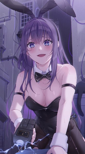 Anime picture 676x1230 with original yandere-chan (unjem) unjem single long hair tall image blush fringe breasts open mouth blue eyes light erotic hair between eyes animal ears purple hair outdoors :d bunny ears shiny skin fake animal ears