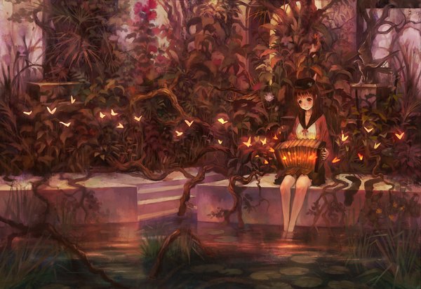 Anime picture 1000x689 with original yoshiku (oden-usagi) single long hair blush smile red eyes brown hair sitting girl flower (flowers) plant (plants) tree (trees) water insect butterfly musical instrument statue roots accordion