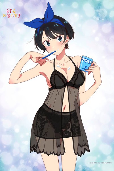 Anime picture 1600x2386 with kanojo okarishimasu sarashina ruka single tall image looking at viewer blush fringe short hair blue eyes light erotic black hair standing bare shoulders holding head tilt arms up official art copyright name mouth hold floral print