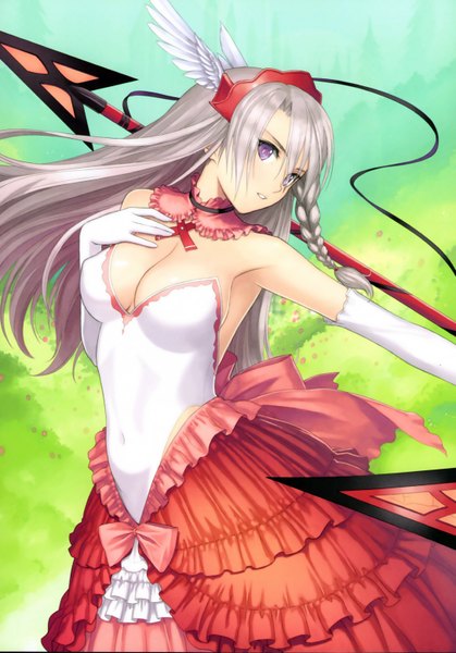 Anime picture 4350x6234 with shining (series) shining blade roselinde (shining blade) tony taka single long hair tall image looking at viewer highres purple eyes absurdres silver hair braid (braids) scan head wings girl dress gloves weapon wings