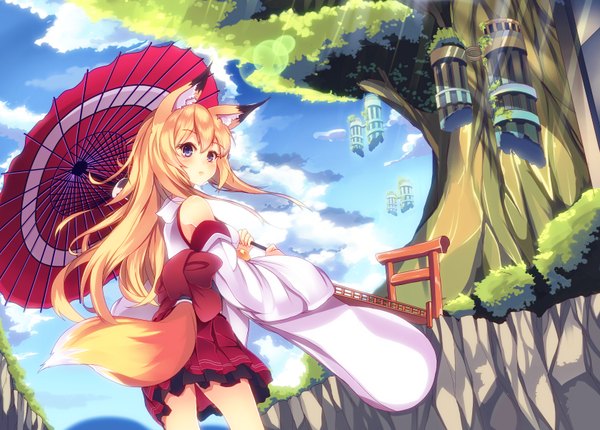 Anime picture 1680x1204 with original mikususannda single long hair looking at viewer blue eyes blonde hair animal ears tail traditional clothes animal tail fox ears turning head fox tail miko kitsune girl plant (plants) detached sleeves tree (trees)