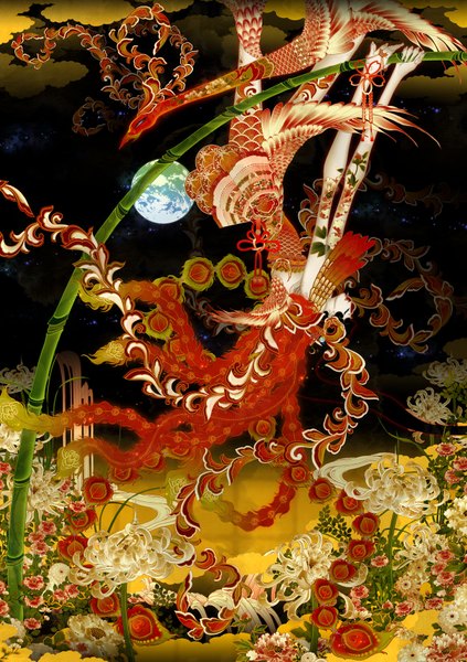 Anime picture 1208x1713 with original aya kato tall image black hair traditional clothes japanese clothes tattoo girl flower (flowers) plant (plants) animal wings bird (birds) planet bamboo earth phoenix