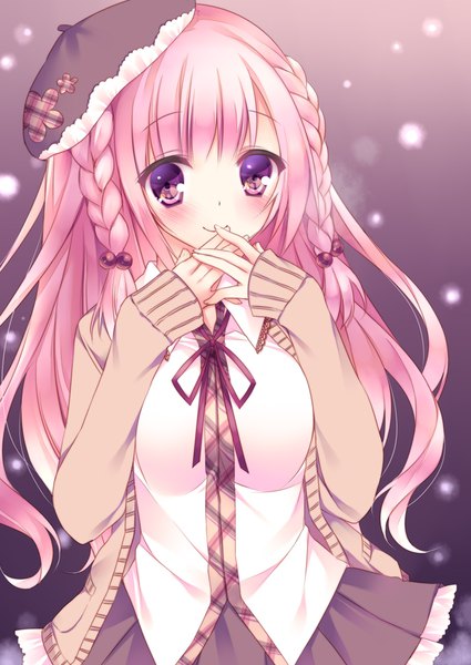 Anime picture 752x1062 with original sorai shin'ya long hair tall image looking at viewer blush simple background smile pink hair braid (braids) pleated skirt pink eyes grey background twin braids sleeves past wrists snowing exhalation covered mouth hands clasped girl