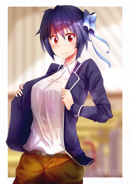 Anime picture 3720x5261 with nisekoi shaft (studio) tsugumi seishirou faiz azhar single tall image blush fringe highres short hair breasts hair between eyes red eyes signed blue hair looking away absurdres open clothes sweat depth of field