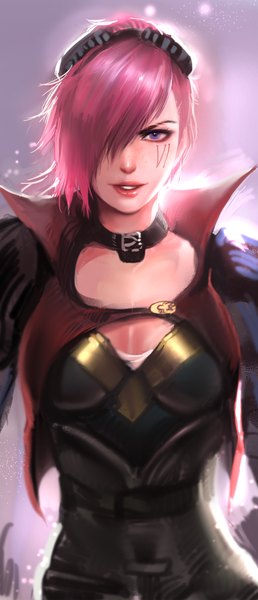 Anime picture 600x1392 with league of legends vi (league of legends) yy6242 single tall image looking at viewer fringe short hair purple eyes pink hair lips hair over one eye girl