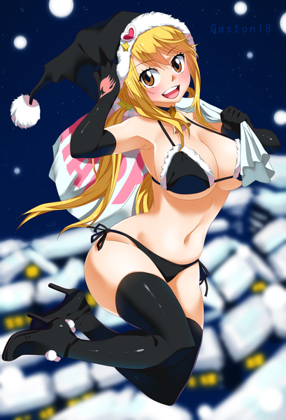 Anime picture 1226x1800 with fairy tail lucy heartfilia tongasart single long hair tall image looking at viewer blush breasts open mouth light erotic blonde hair smile large breasts twintails bare shoulders brown eyes bent knee (knees) :d blurry