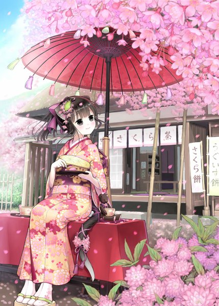 Anime picture 1036x1450 with original kuroinu single long hair tall image blush black hair smile sitting animal ears looking away tail traditional clothes japanese clothes animal tail black eyes cat ears cat girl cat tail girl