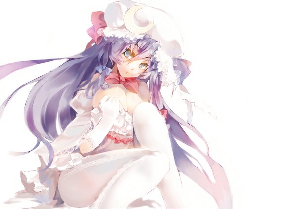 Anime picture 800x565 with touhou patchouli knowledge maruko single long hair looking at viewer breasts light erotic simple background large breasts white background sitting purple eyes purple hair girl gloves bow pantyhose white gloves bonnet