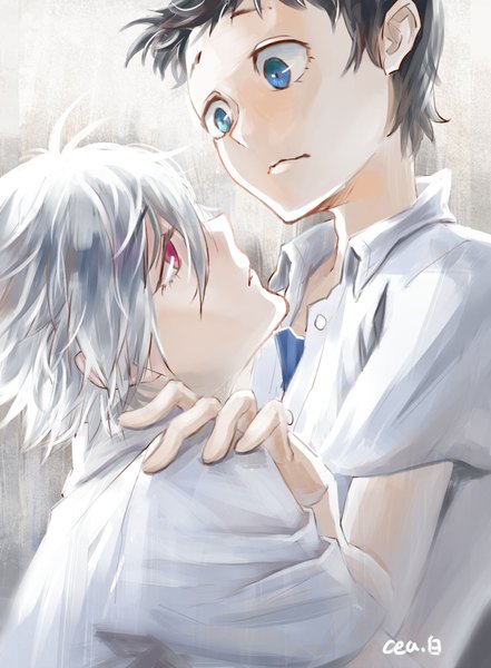 Anime picture 1240x1688 with neon genesis evangelion gainax ikari shinji nagisa kaworu cea tall image short hair blue eyes black hair simple background signed silver hair profile pink eyes grey background multiple boys hug shounen ai boy 2 boys