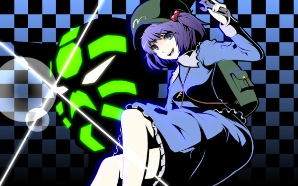 Anime picture 1600x1000 with touhou kawashiro nitori gayprince short hair blue eyes wide image purple hair checkered background girl mask school bag cap backpack wrench