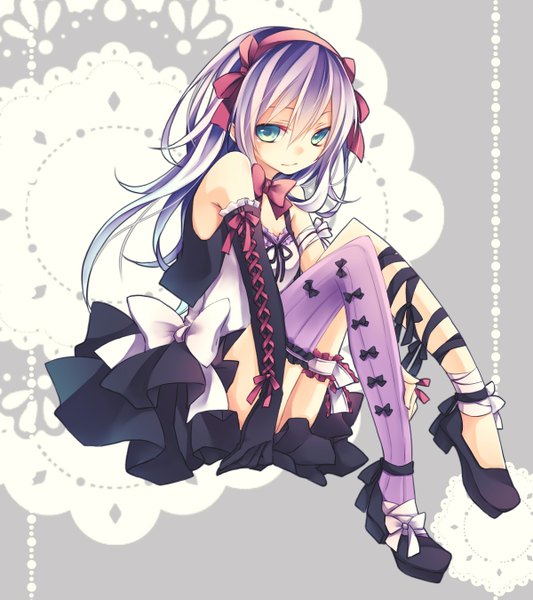 Anime picture 1200x1350 with original kuroi (liar-player) long hair tall image looking at viewer bare shoulders green eyes purple hair full body girl thighhighs dress gloves ribbon (ribbons) elbow gloves hairband single thighhigh