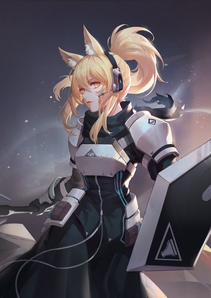 Anime-Bild 2828x4000 mit arknights nearl (arknights) q18607 single long hair tall image looking at viewer fringe highres simple background blonde hair hair between eyes standing holding animal ears yellow eyes payot ponytail parted lips floating hair