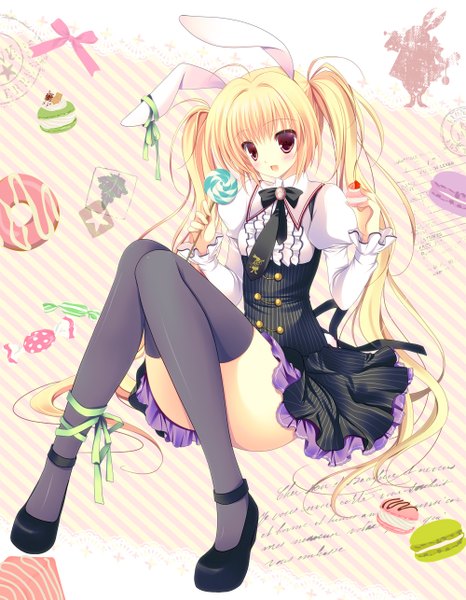 Anime picture 1000x1286 with original shirogane hina long hair tall image blush open mouth blonde hair red eyes twintails bunny ears girl thighhighs dress black thighhighs lollipop