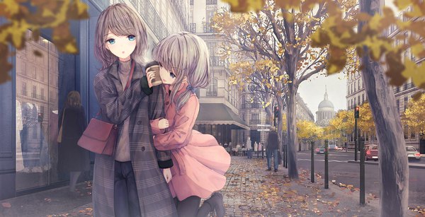 Anime picture 2342x1202 with original missle228 long hair fringe highres open mouth blue eyes smile wide image standing multiple girls holding outdoors grey hair city standing on one leg steam autumn arm hug girl