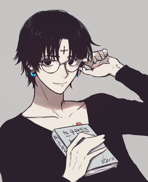 Anime picture 900x1107 with hunter x hunter chrollo lucilfer hichi single tall image looking at viewer short hair black hair simple background smile upper body black eyes grey background text forehead mark adjusting glasses bespectacled korean boy earrings