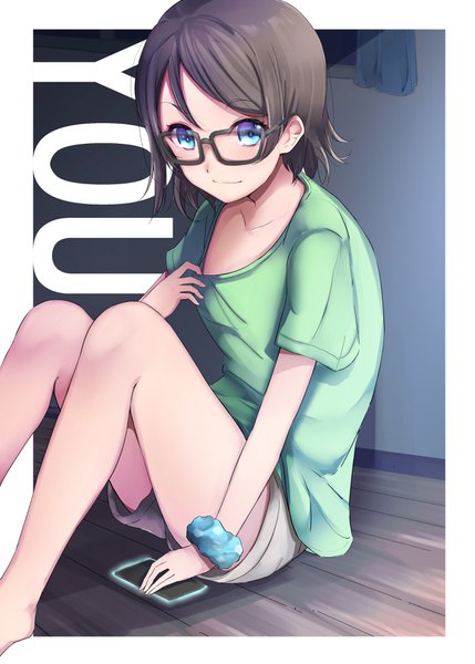 Anime picture 2591x3624 with love live! sunshine!! sunrise (studio) love live! watanabe you otsumami (otsu-mugi) single tall image looking at viewer highres short hair blue eyes smile brown hair sitting barefoot character names wrist scrunchie girl glasses shorts