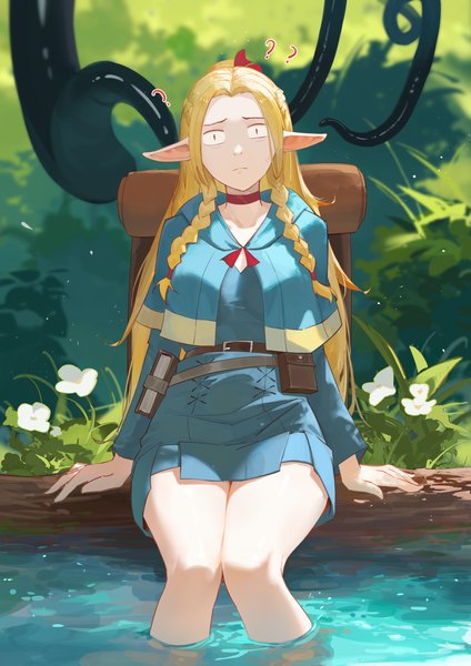 Anime picture 3508x4961 with dungeon meshi studio trigger marcille donato serelith single long hair tall image looking at viewer highres blonde hair sitting absurdres outdoors braid (braids) pointy ears arm support twin braids knees touching soaking feet ?