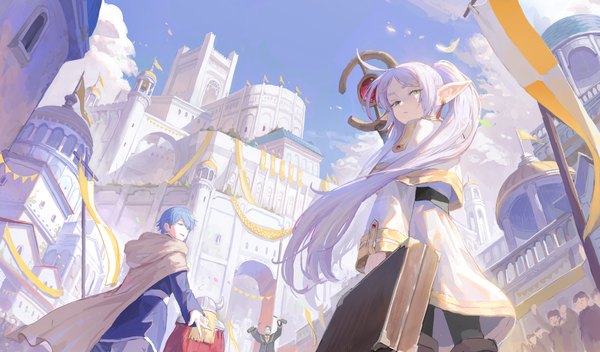 Anime picture 5114x3000 with sousou no frieren frieren himmel (sousou no frieren) eisen (sousou no frieren) heiter cho gum long hair looking at viewer highres short hair blonde hair wide image twintails green eyes blue hair absurdres sky silver hair cloud (clouds) looking back