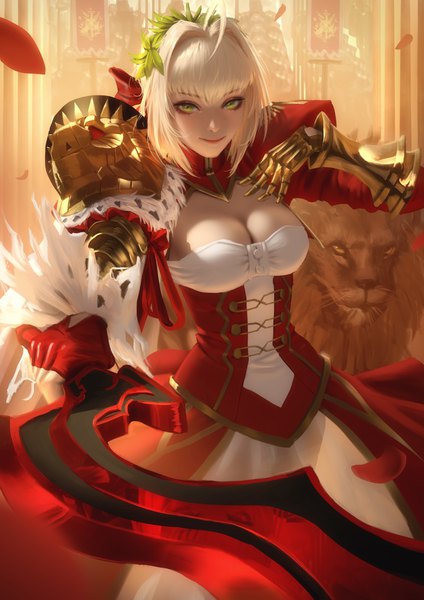 Anime-Bild 2828x4000 mit fate (series) fate/grand order fate/extra nero claudius (fate) nero claudius (fate/extra) raikoart single tall image looking at viewer fringe highres short hair breasts blonde hair smile hair between eyes large breasts standing holding green eyes