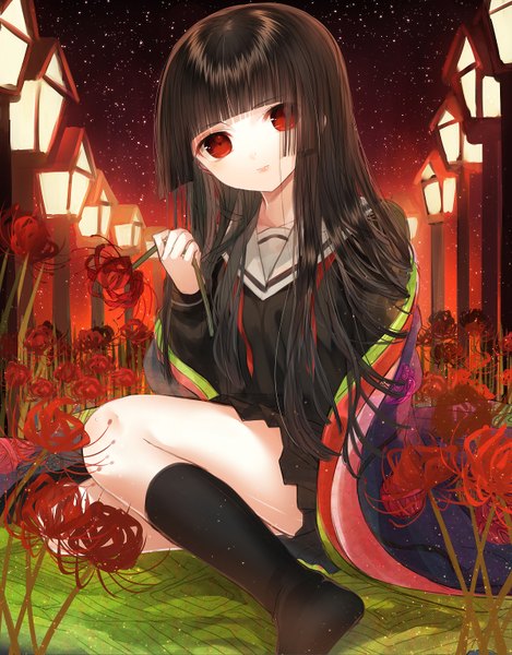 Anime picture 1198x1530 with hell girl studio deen enma ai yosuga ioru single long hair tall image looking at viewer black hair red eyes girl uniform flower (flowers) socks serafuku black socks higanbana