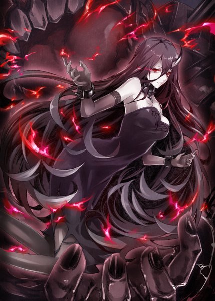 Anime picture 900x1259 with kantai collection battleship water oni pokimari tall image looking at viewer black hair smile hair between eyes red eyes standing holding bent knee (knees) very long hair horn (horns) teeth kneeling outstretched arm glowing glowing eye (eyes) arched back