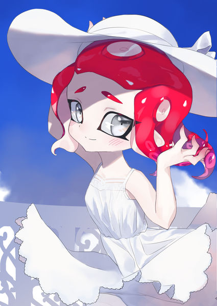 Anime picture 1024x1444 with splatoon splatoon 2 nintendo octoling amatcha single tall image looking at viewer blush short hair smile sky cloud (clouds) red hair wind sleeveless silver eyes tentacle hair girl dress