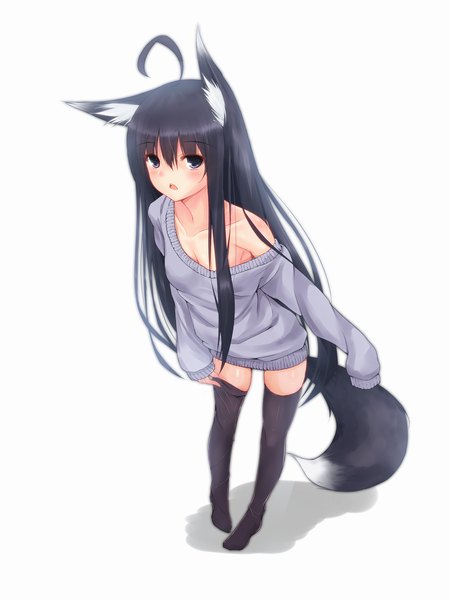 Anime picture 1000x1333 with original second heaven single long hair tall image blush open mouth light erotic black hair simple background white background animal ears ahoge animal tail black eyes girl thighhighs black thighhighs sweater