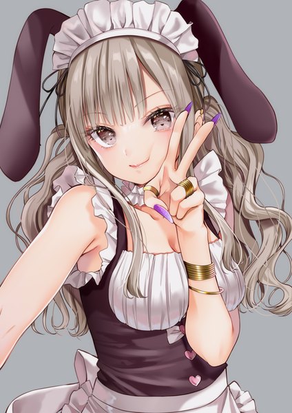 Anime picture 1447x2046 with original yoshida iyo single long hair tall image looking at viewer blush fringe simple background smile standing animal ears cleavage blunt bangs nail polish head tilt arm up fingernails grey hair grey background