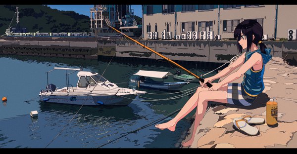 Anime picture 5934x3090 with original kogecha (coge ch) single highres short hair black hair wide image sitting payot looking away absurdres full body outdoors profile barefoot bare legs letterboxed low ponytail shoes removed fishing