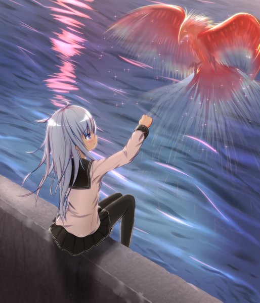 Anime picture 857x1000 with kantai collection hibiki destroyer akabane hibame long hair tall image blush fringe blue eyes smile sitting looking away ahoge long sleeves profile pleated skirt arm up from above grey hair sparkle tears