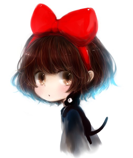 イラスト 800x950 と 魔女の宅急便 ジブリ キキ jiji まり ソロ 長身像 赤面 前髪 短い髪 simple background 茶色の髪 白背景 茶目 :o 女の子 ちょう結び ヘア蝶結び 動物 ヘアバンド