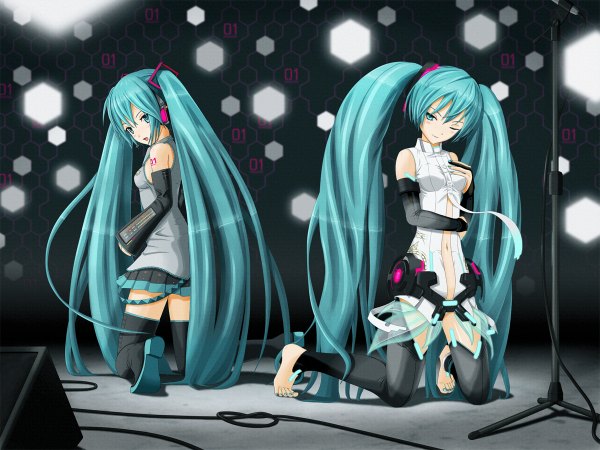 Anime picture 1200x900 with vocaloid vocaloid append hatsune miku hatsune miku (append) nanahan (artist) green eyes barefoot aqua hair girl thighhighs detached sleeves microphone