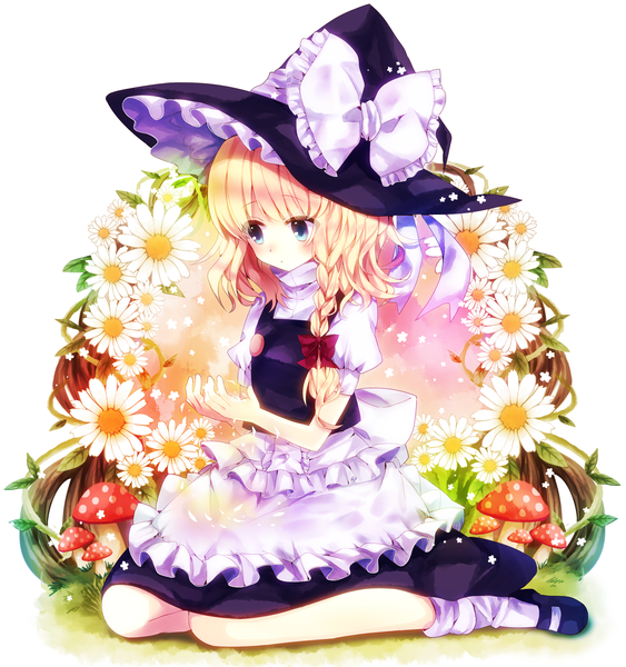 Anime picture 1500x1598 with touhou kirisame marisa amahira single long hair tall image blue eyes blonde hair white background braid (braids) witch girl dress skirt flower (flowers) bow hair bow hat petals witch hat