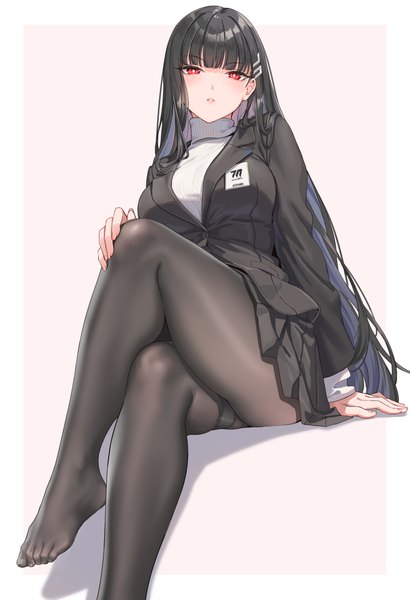Anime picture 2480x3625 with blue archive rio (blue archive) fangxiang cuoluan single long hair tall image looking at viewer blush fringe highres breasts light erotic black hair simple background red eyes sitting bent knee (knees) blunt bangs long sleeves parted lips