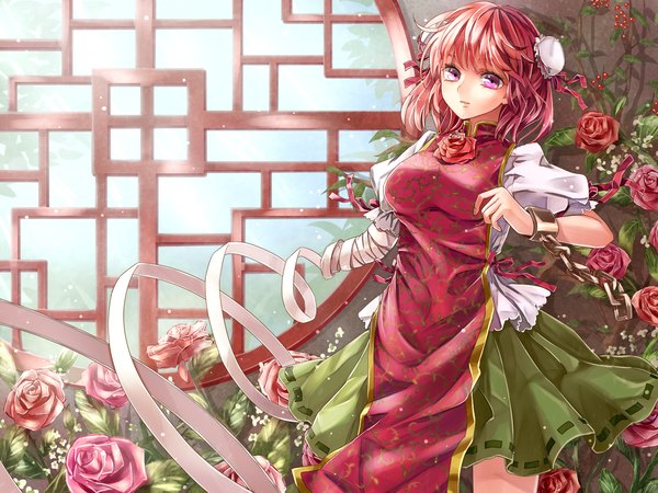 Anime picture 1280x960 with touhou ibaraki kasen shironeko yuuki single looking at viewer fringe short hair standing pink hair pink eyes sunlight hair bun (hair buns) chinese clothes girl flower (flowers) window rose (roses) chain bandage (bandages) chinese dress