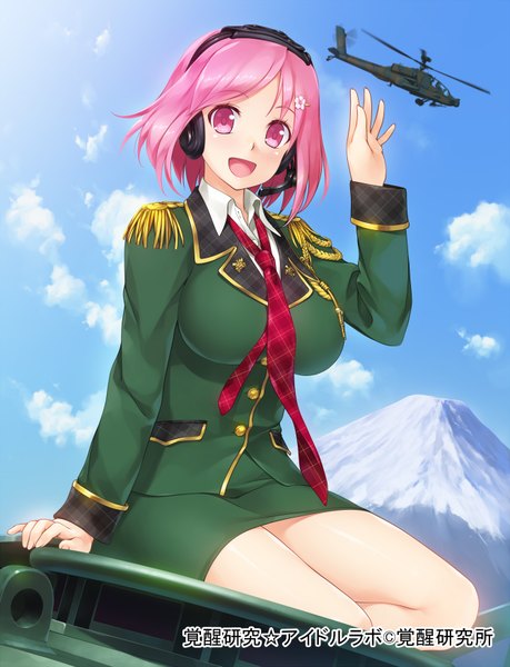 Anime picture 1340x1750 with original wacchi single tall image short hair open mouth pink hair sky cloud (clouds) pink eyes mountain girl uniform necktie headphones military uniform helicopter