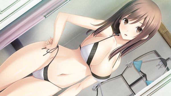 Anime picture 1280x720 with haru kiss giga shiraishi aoi mikoto akemi single long hair looking at viewer blush fringe breasts open mouth light erotic brown hair wide image large breasts standing brown eyes game cg indoors head tilt