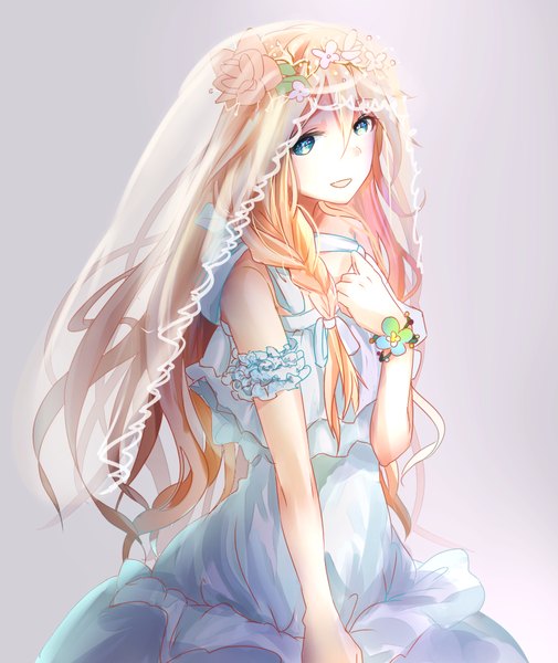 Anime picture 850x1010 with vocaloid ia (vocaloid) plipa single long hair tall image looking at viewer open mouth blue eyes blonde hair smile standing bare shoulders braid (braids) hair flower alternate costume twin braids side braid pink background adjusting clothes