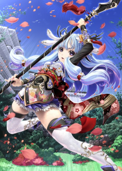 Anime picture 745x1044 with original sumomo kpa single long hair tall image looking at viewer open mouth blue eyes white hair girl thighhighs dress flower (flowers) weapon petals white thighhighs naginata