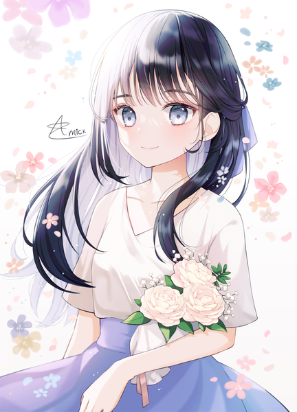 Anime picture 720x1000 with original amick (americanomix) single long hair tall image black hair smile signed looking away upper body multicolored hair grey eyes colored inner hair half updo floral background girl flower (flowers) bouquet