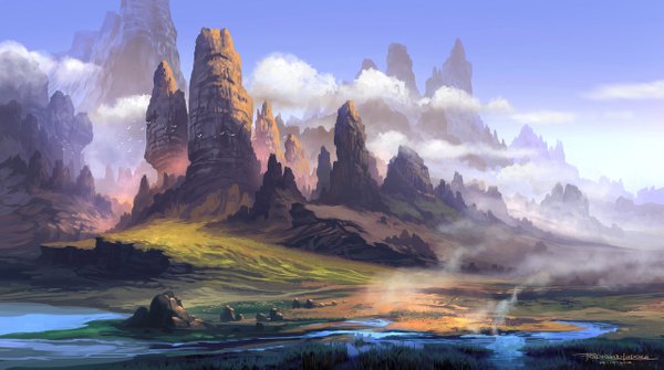 Anime picture 1280x715 with original ferdinand ladera wide image signed sky cloud (clouds) mountain no people landscape steam plant (plants) animal bird (birds) grass onsen stone (stones)