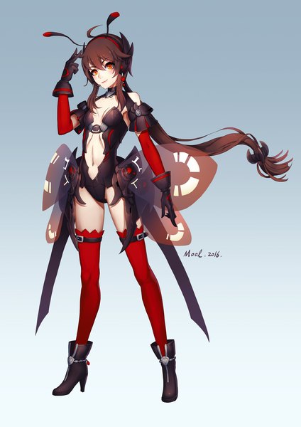 Anime picture 1240x1754 with vocaloid vocaloid china yuezheng ling mool yueguang single long hair tall image looking at viewer fringe breasts light erotic smile hair between eyes red eyes brown hair standing signed full body ahoge arm up
